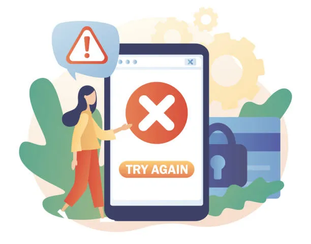 Ilustración de persona mirando un celular con pantalla llena de símbolos de error representando errores comunes en redes sociales.