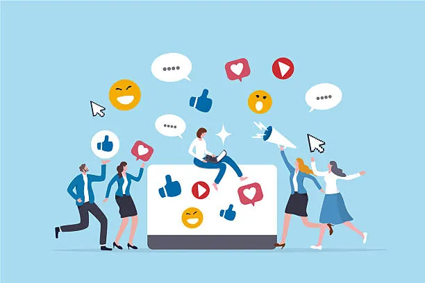 Ilustración con símbolos de redes sociales que destacan opciones estratégicas al seleccionar la mejor red social para negocio en oficinas.