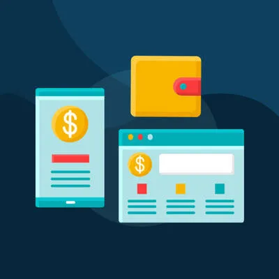 Diversas pantallas con diseños web y un signo de pesos para representar lo variable de ¿cuánto cuesta una página web en México?