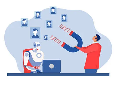 Cómo atraer clientes a mi sucursal con un robot digital junto a una computadora representando automatización, análisis de información y herramientas para mejorar la estrategia comercial.