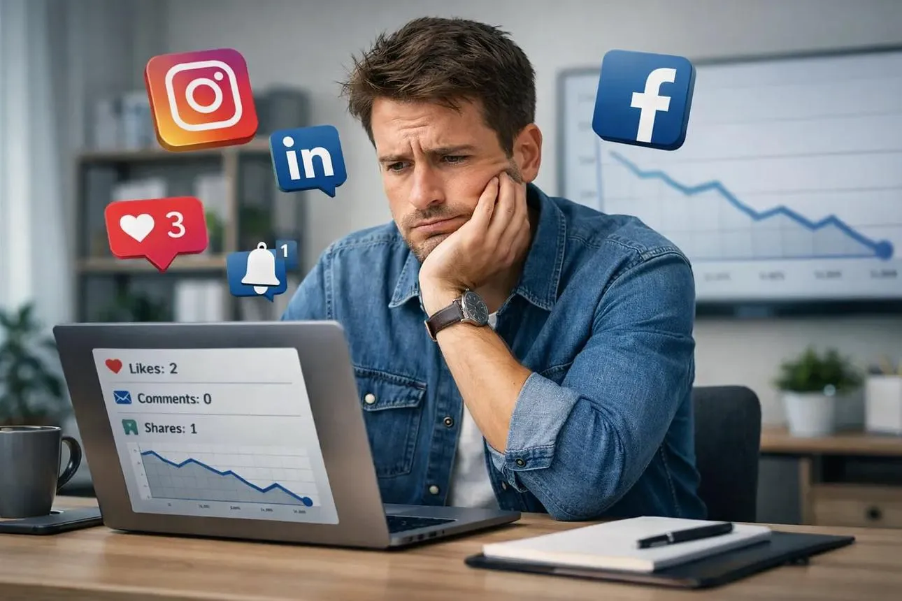 Emprendedor analizando las publicaciones de su negocio que no crece en Instagram.