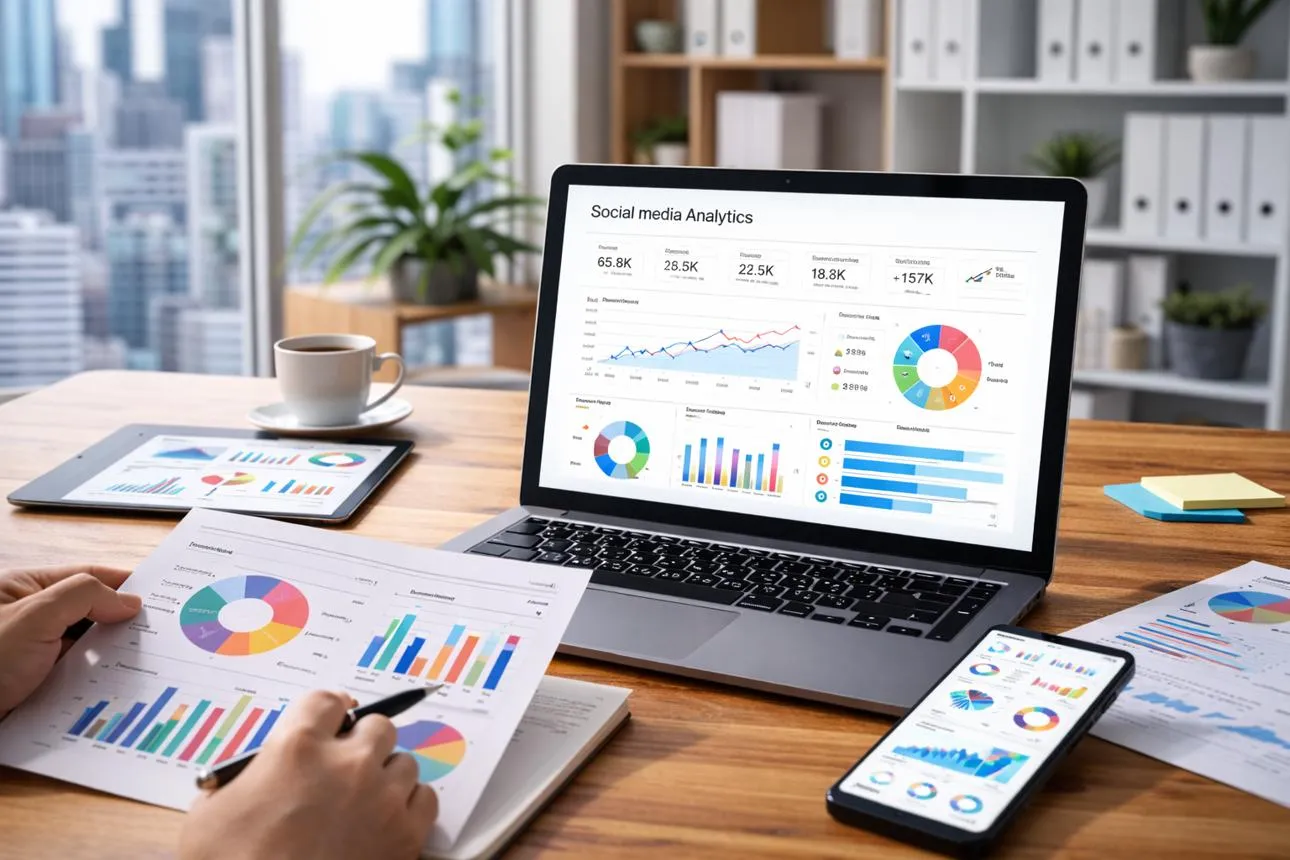Persona revisando el alcance de sus publicaciones en redes sociales desde una computadora.