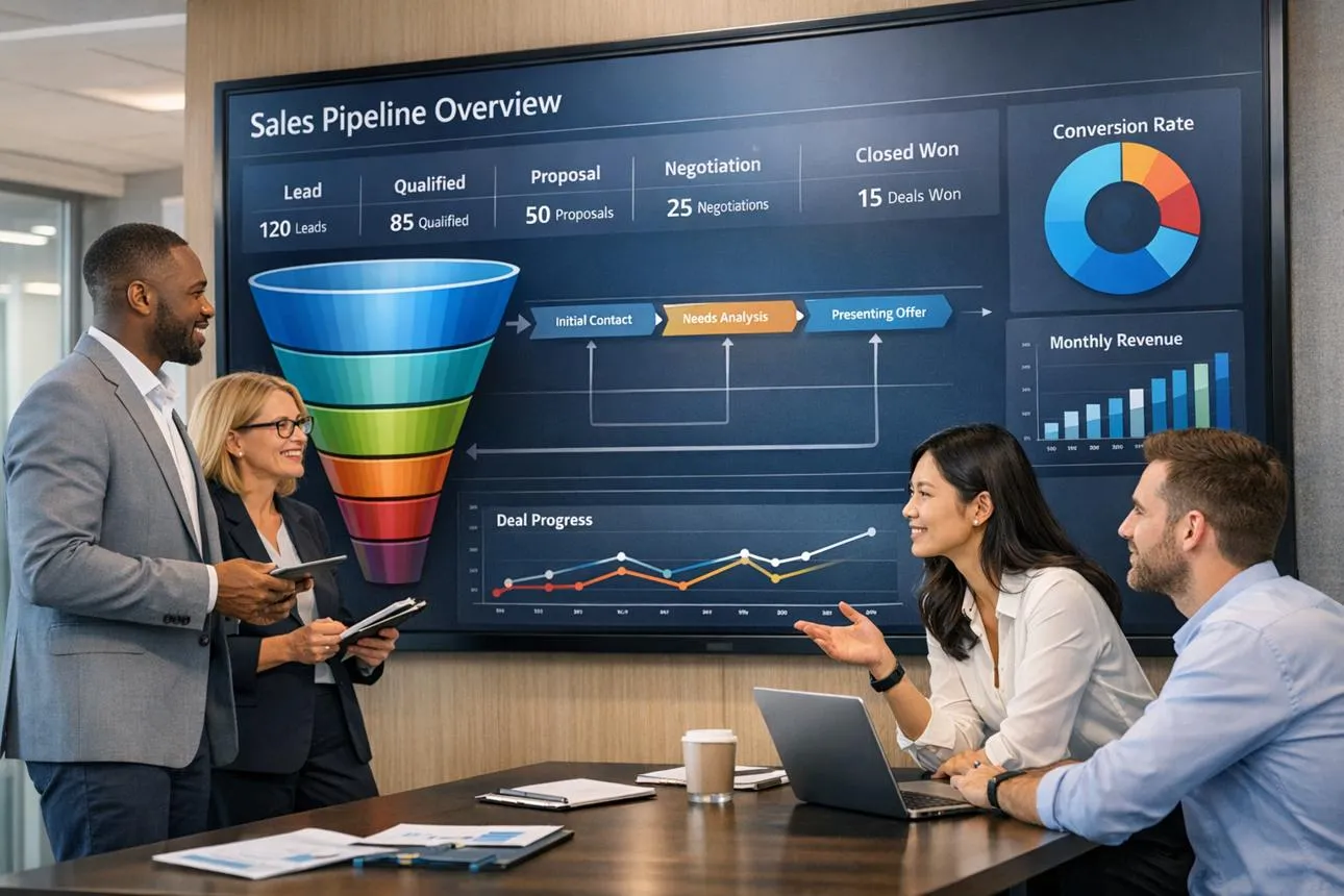Clientes B2B avanzando por un embudo de ventas desde el primer contacto hasta la oportunidad comercial.